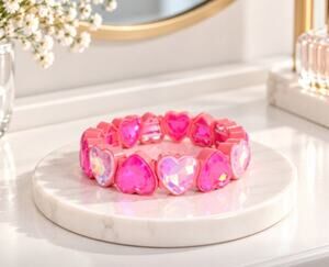Heart Alloy Two Yone Pink AB Pink Stone Stretch Bracelet